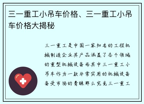 三一重工小吊车价格、三一重工小吊车价格大揭秘