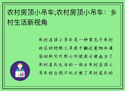 农村房顶小吊车;农村房顶小吊车：乡村生活新视角